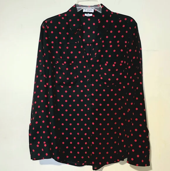 Express Black Red Polka Dot Slim Fit LP Blouse Roll Tab Large Petite - Picture 2 of 9